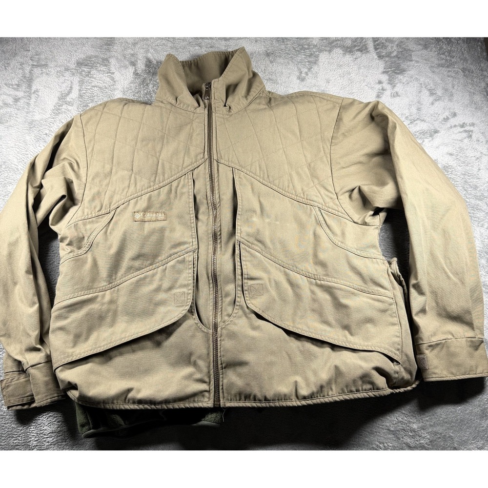 Columbia Shooting Jacket Mens XL Tan Gray Fleece Lined Full Zip Shell Holders